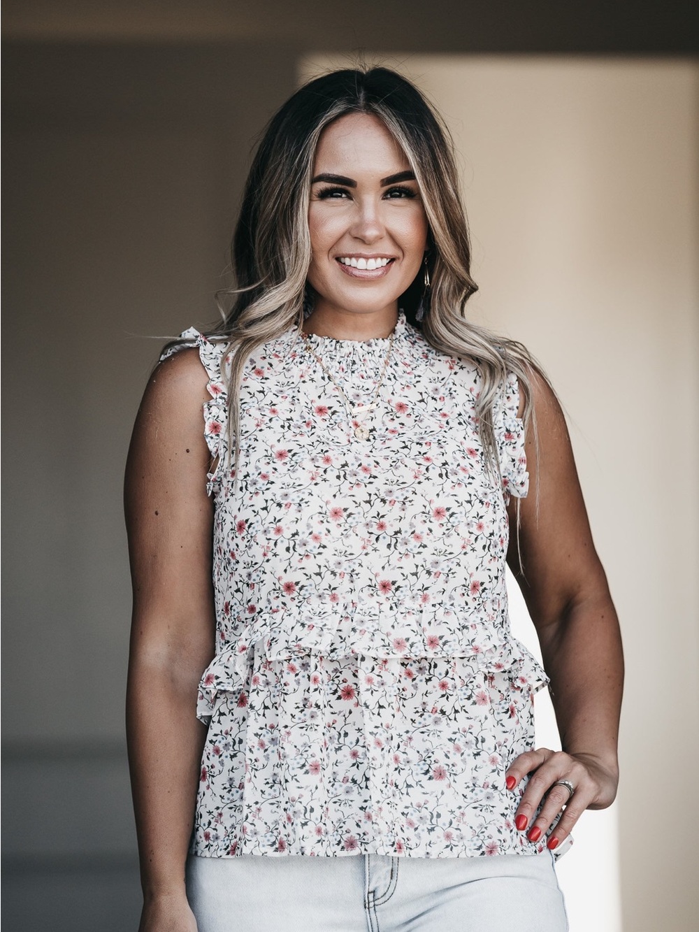 Floral Ruffle Sleeve Smocked Neck Blouse - White/Pink - Picture 1 of 3